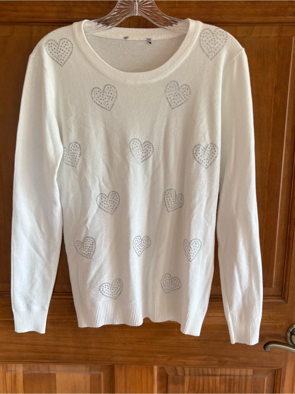 Soft White Rhinestone Heart Embellished Women's Sweater, Size M